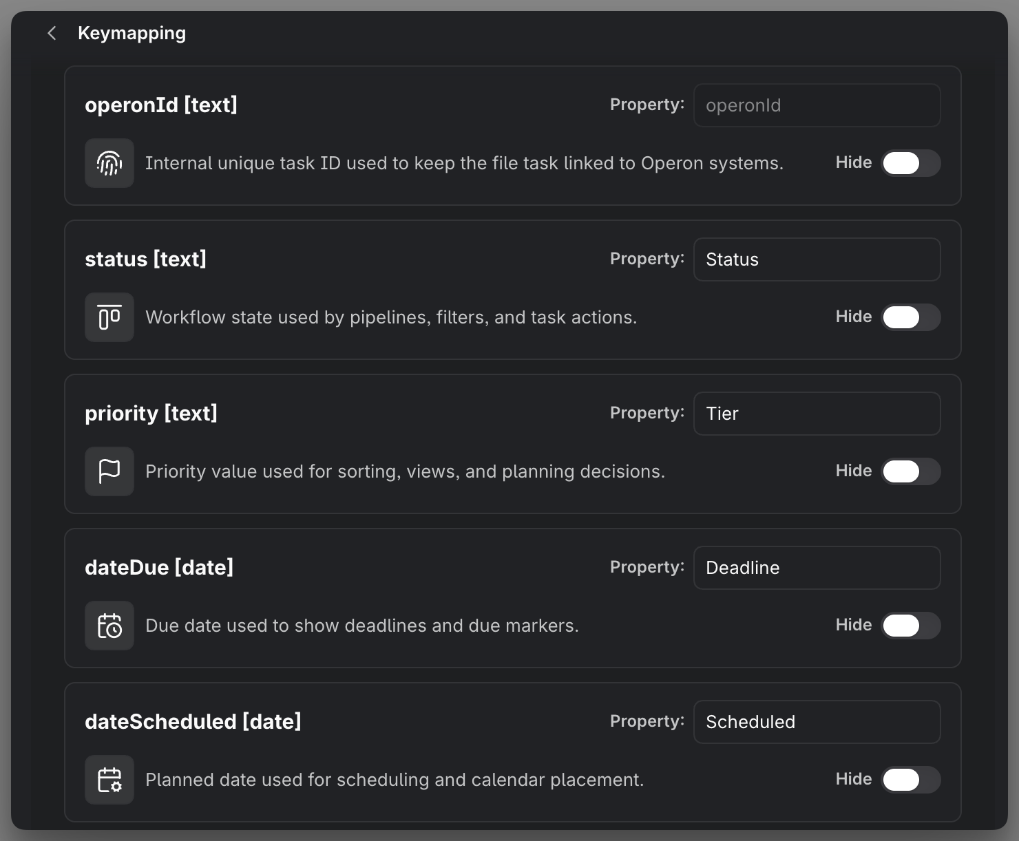 MEDIA-DOCS-008-3 - The Keymapping tab mapping canonical fields to visible property names
