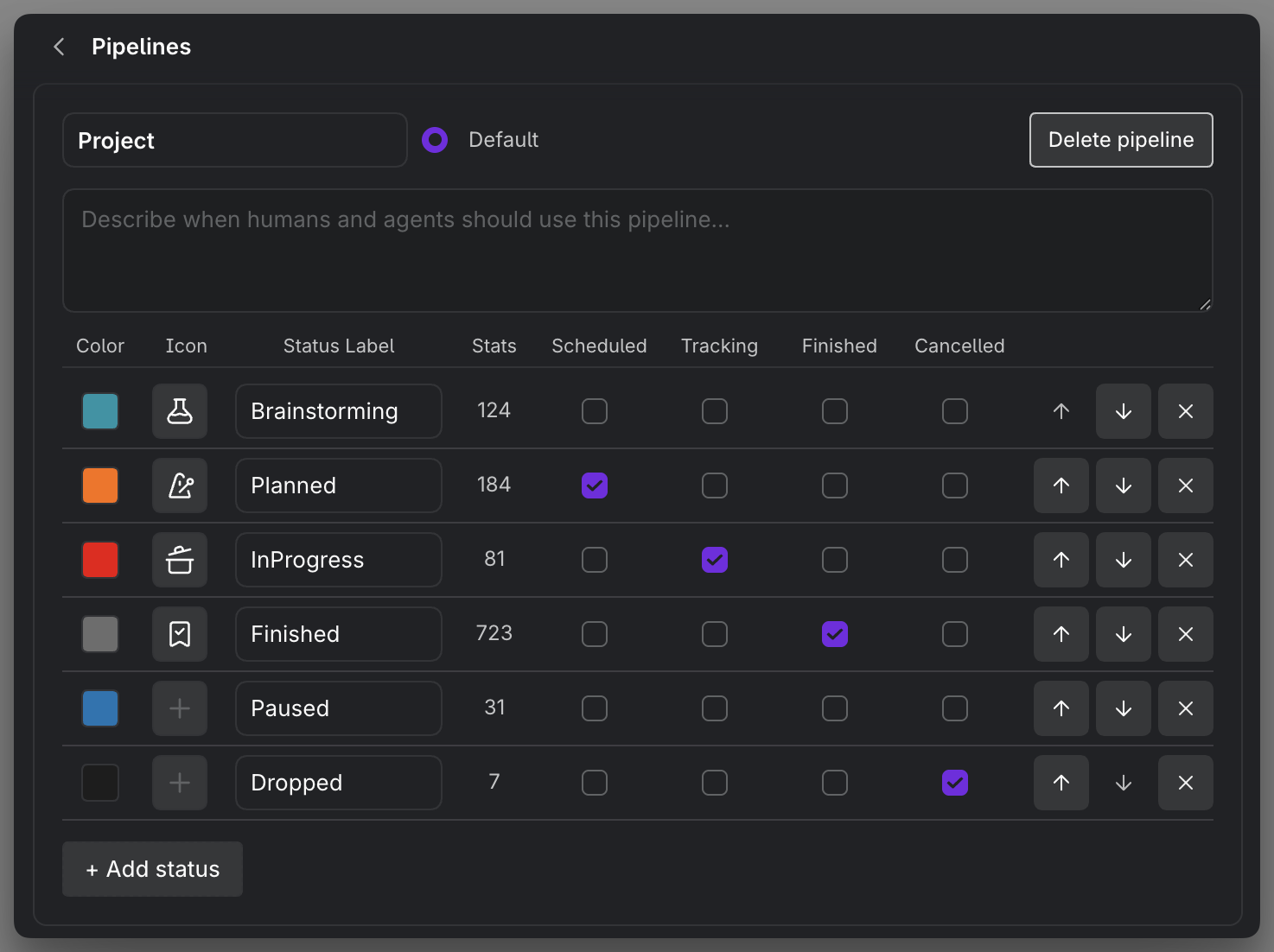 MEDIA-DOCS-037-1 - The Pipelines settings showing a pipeline and its ordered statuses with colors