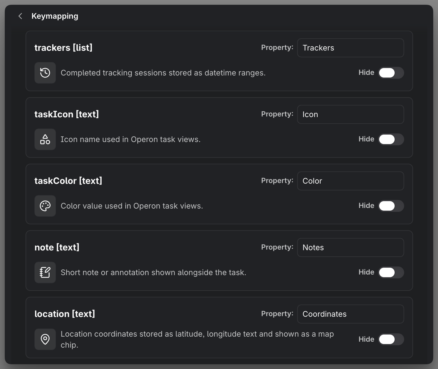 MEDIA-DOCS-039-1 - The Keymapping settings listing canonical fields beside their visible property names