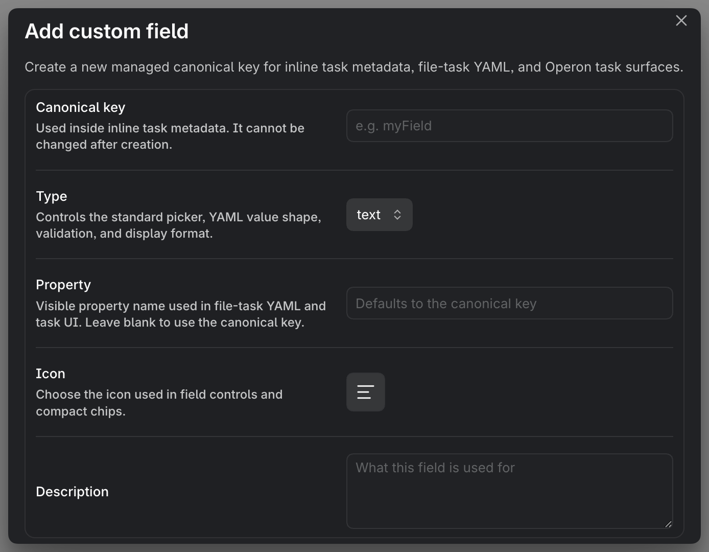 MEDIA-DOCS-040-1 - The Custom Keys settings listing user-defined fields with their types and surfaces