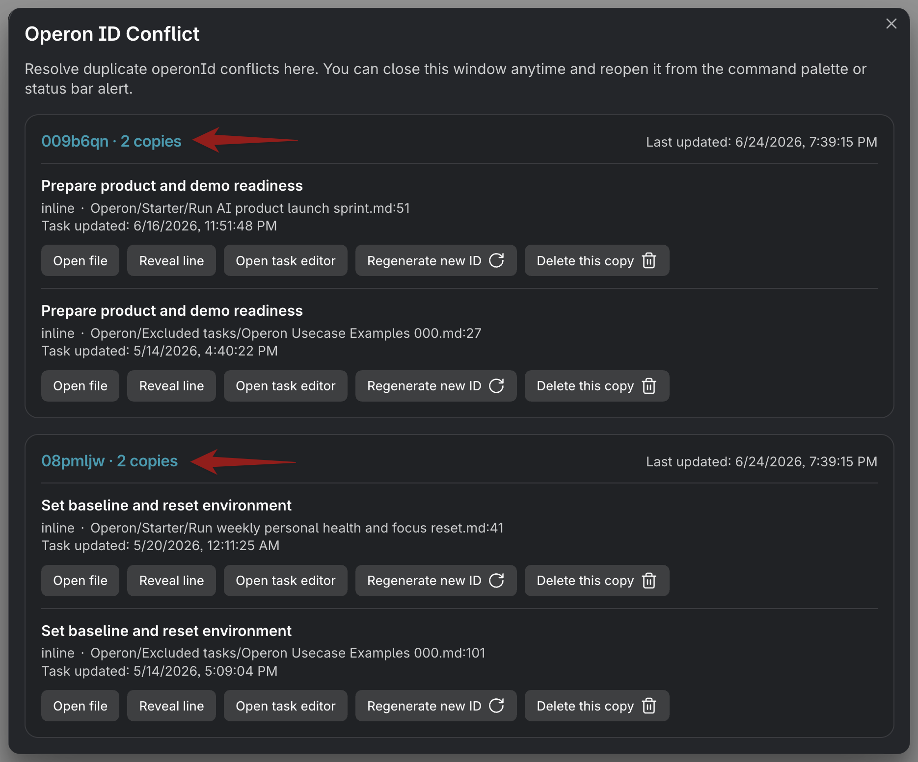 MEDIA-DOCS-055-1 - The Operon ID Conflict manager listing a duplicated task with its copies and per-copy actions