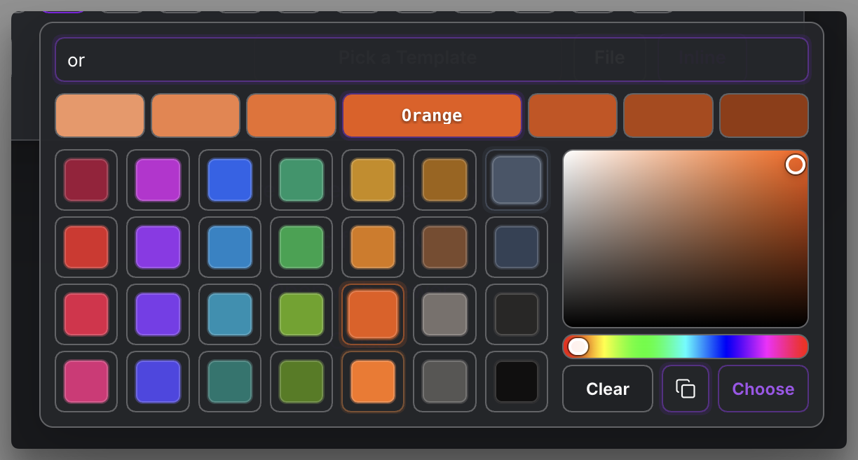 MEDIA-DOCS-067-2 - The custom color area, choosing a hue and shade with the hex value shown