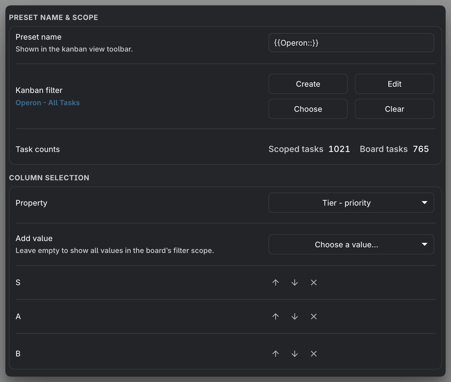 MEDIA-DOCS-153-1 - Kanban preset settings with scope, task counts, and axis selections