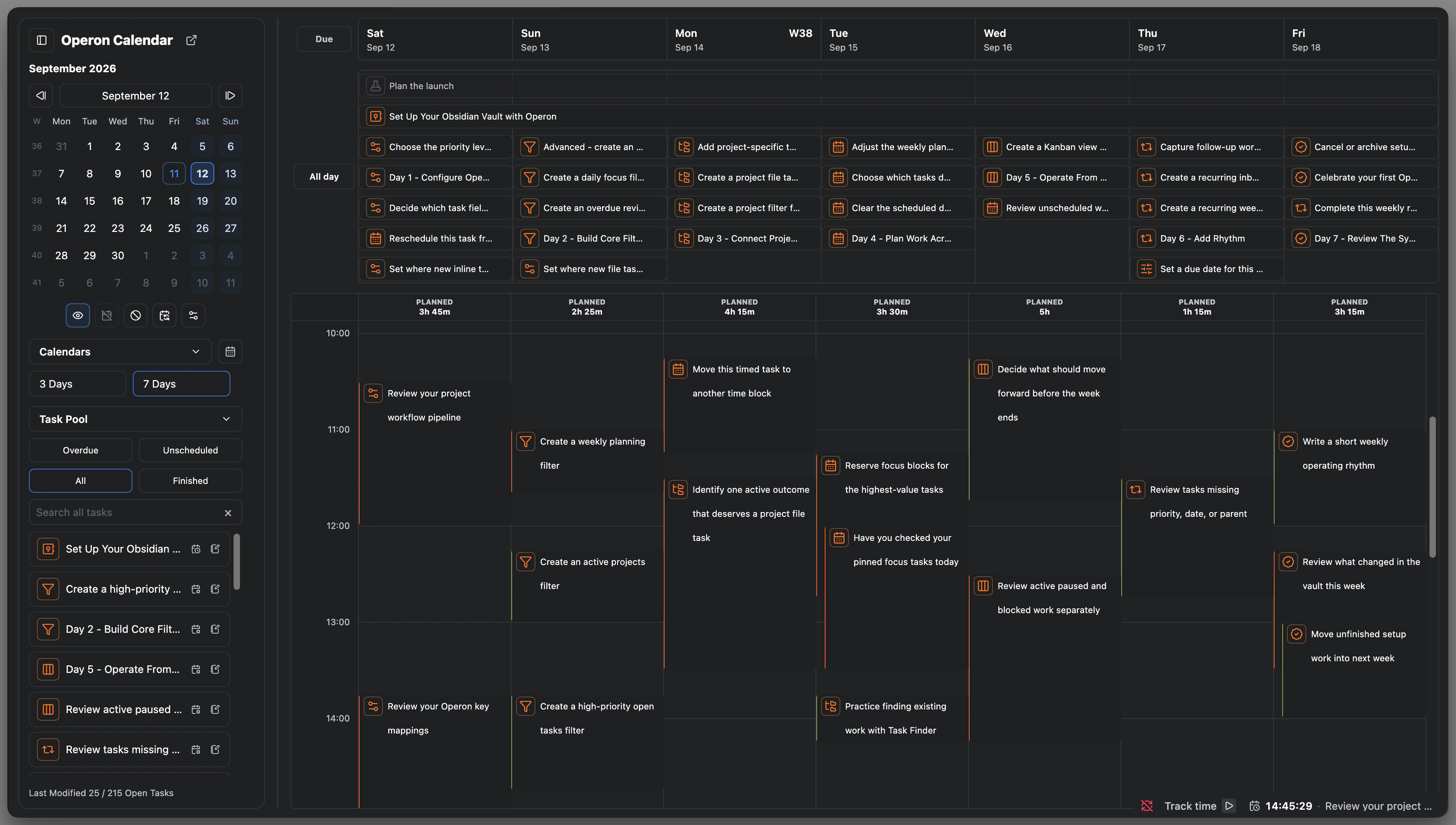 Operon Calendar with all-day tasks and timed blocks