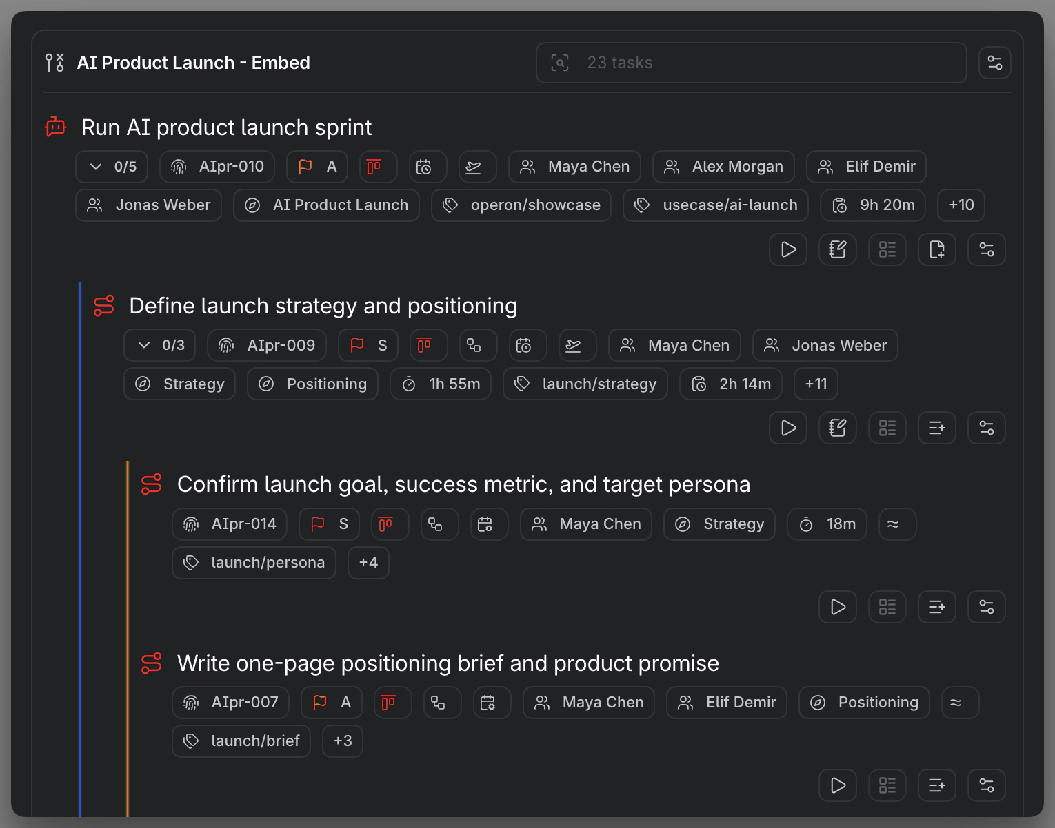 Operon Filter View with a filtered task list and expanded subtasks