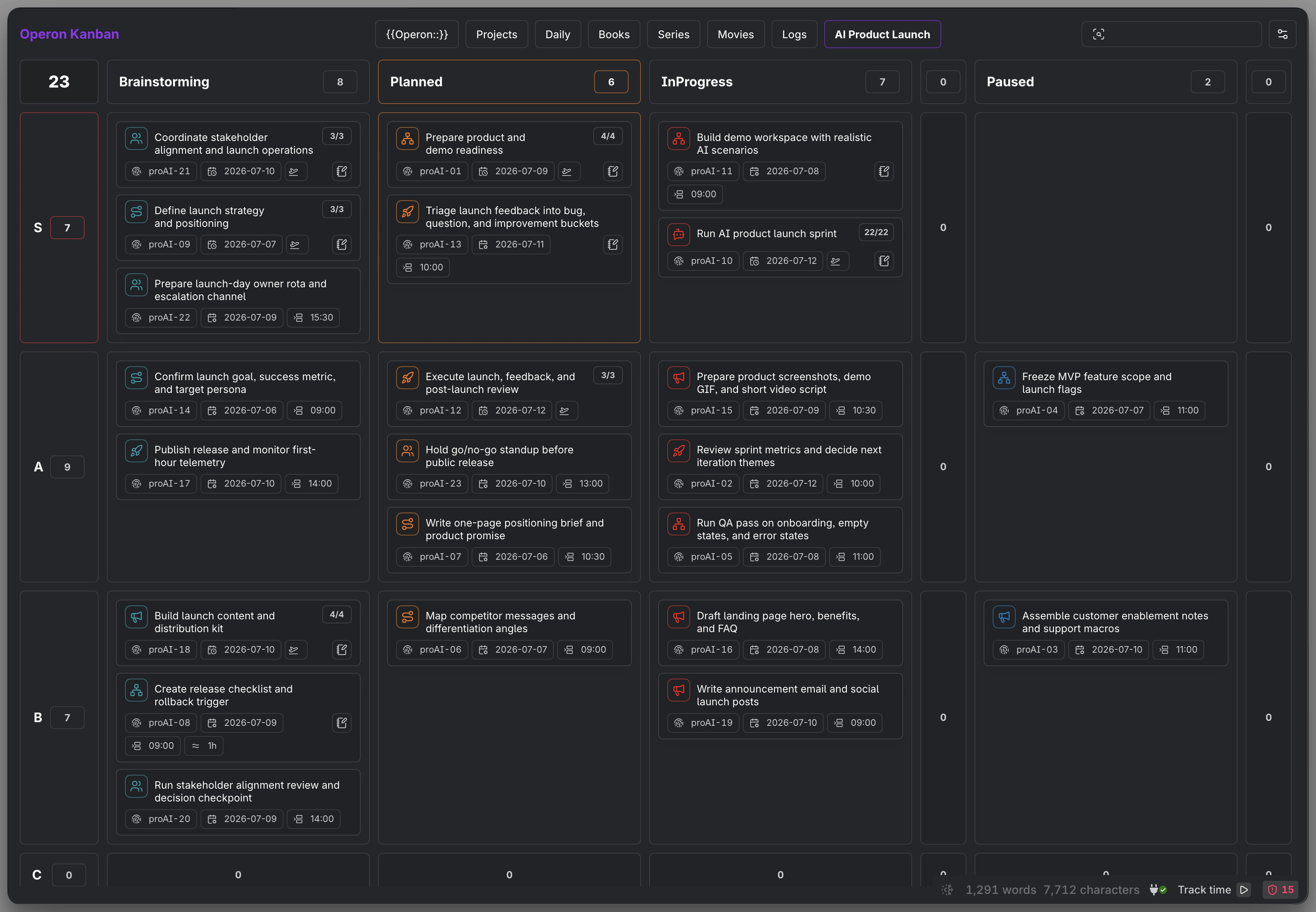 Operon Kanban with task cards across status columns