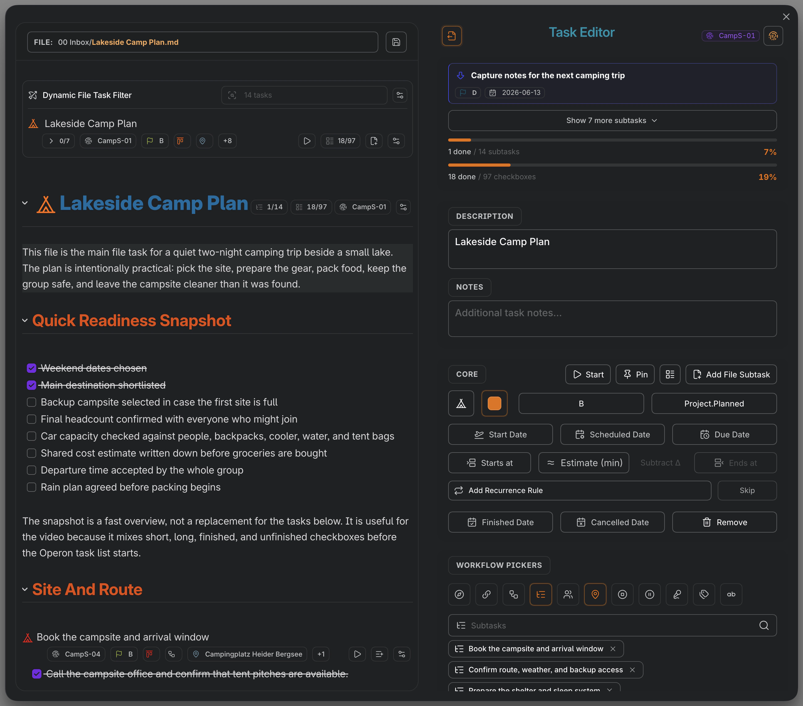 Task Editor with task fields and Markdown body