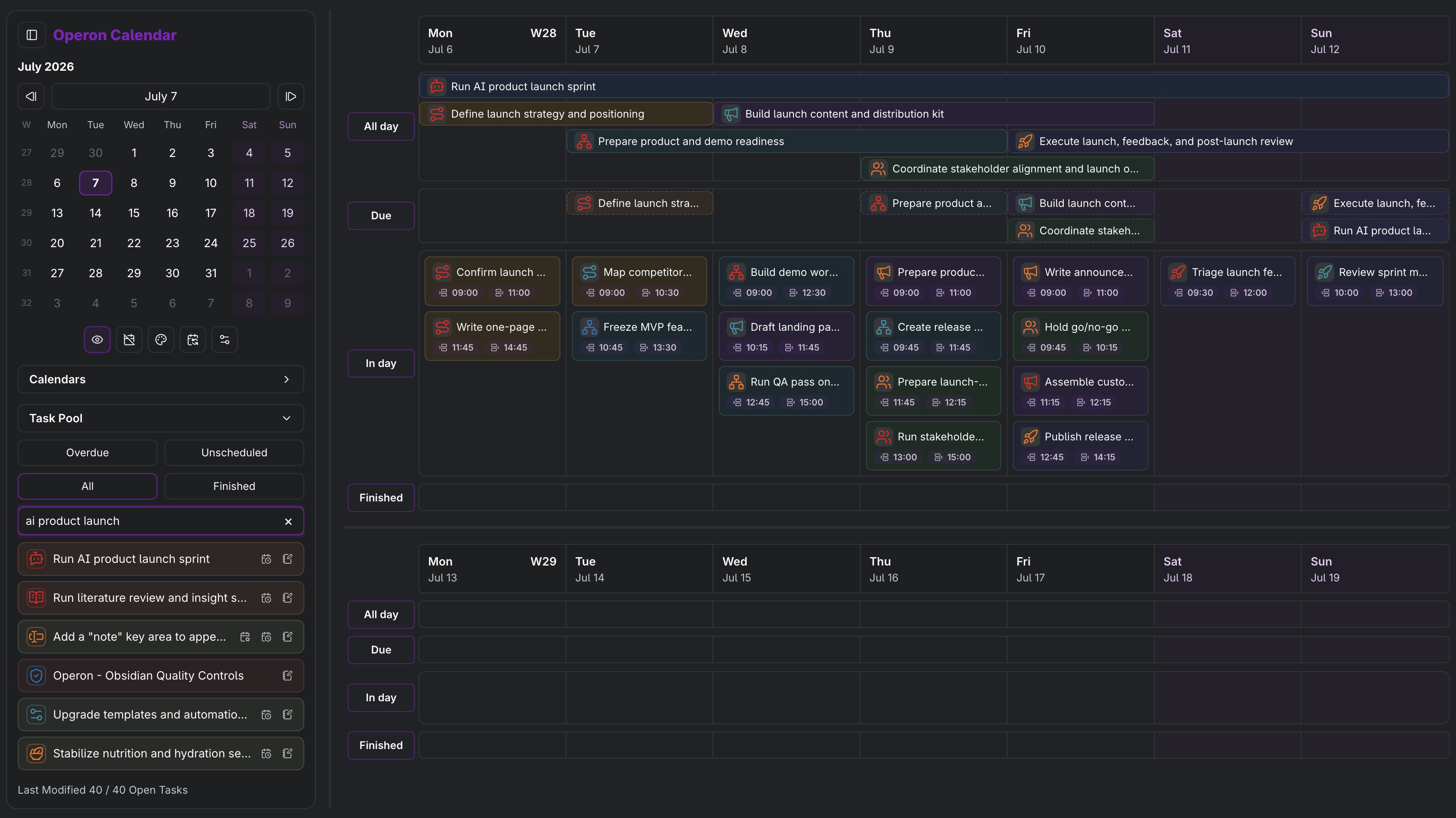 Operon Calendar multi-week planning view with a task pool and scheduled task lanes in an Obsidian workspace.