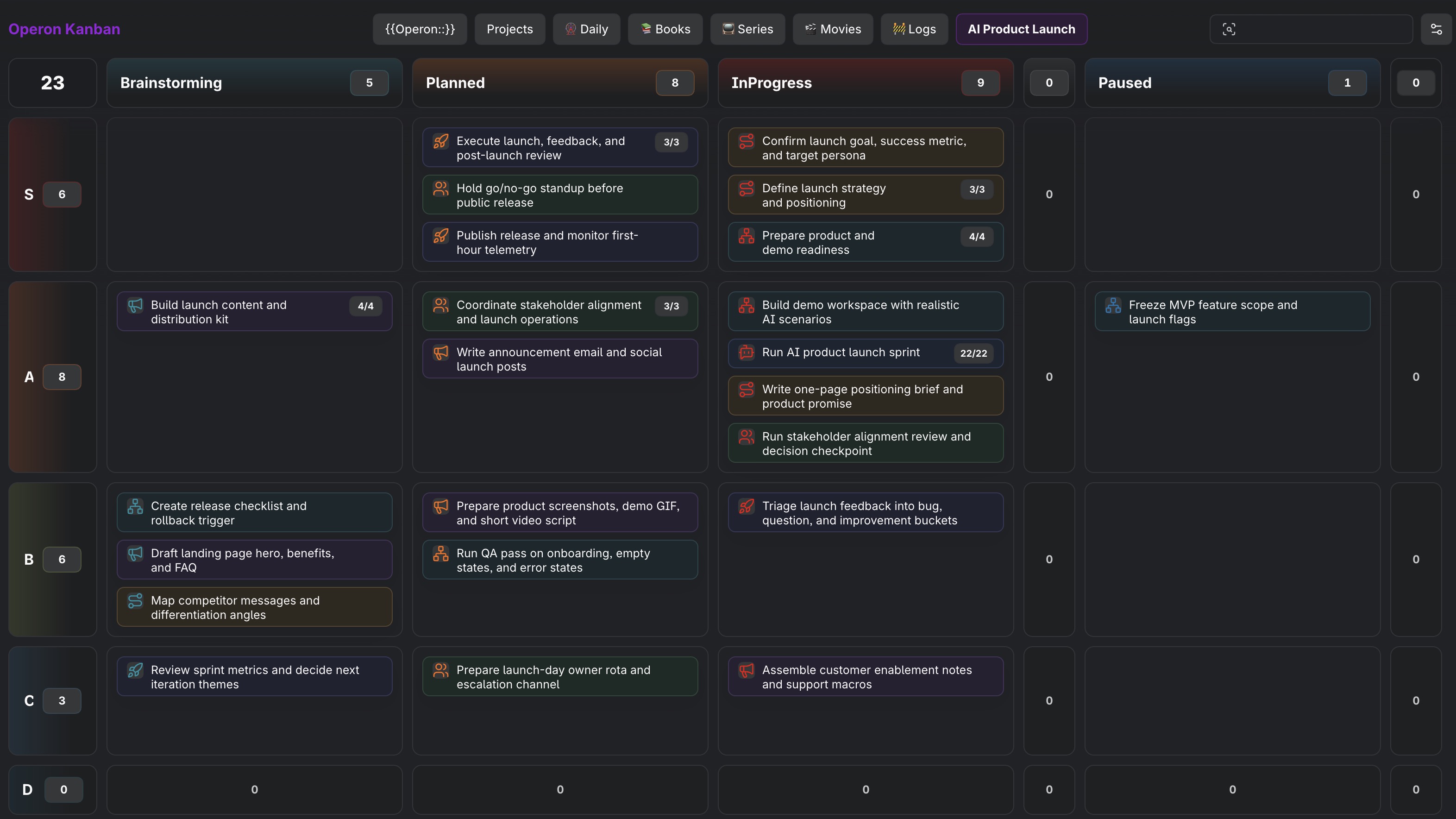 Operon Kanban board showing scoped task cards arranged by status columns and priority lanes in an Obsidian workspace.