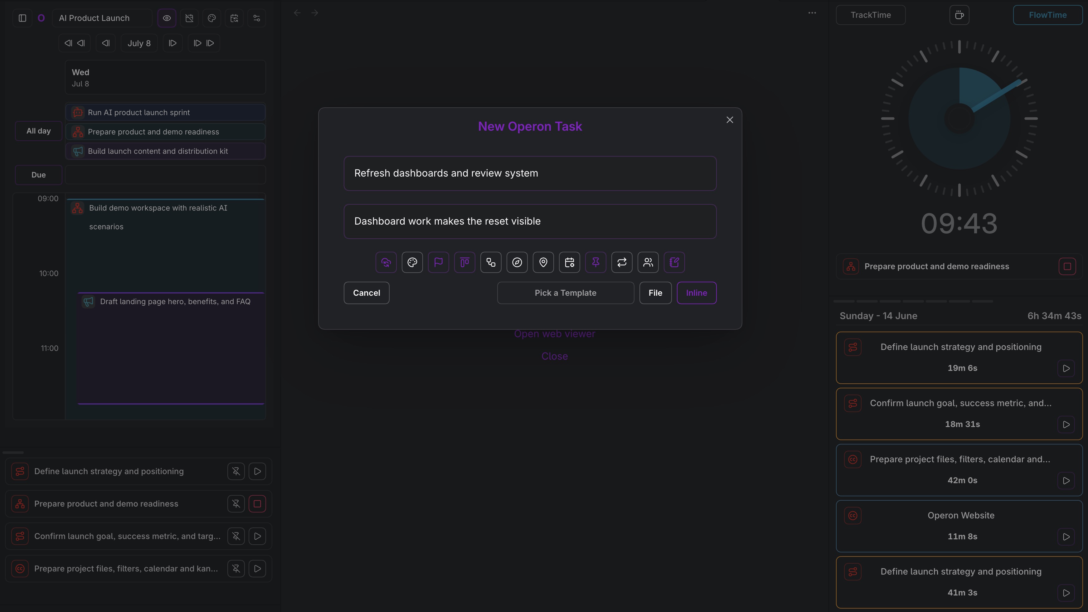 Operon task creator modal shown beside pinned tasks, a time tracker, and session history in an Obsidian workspace.