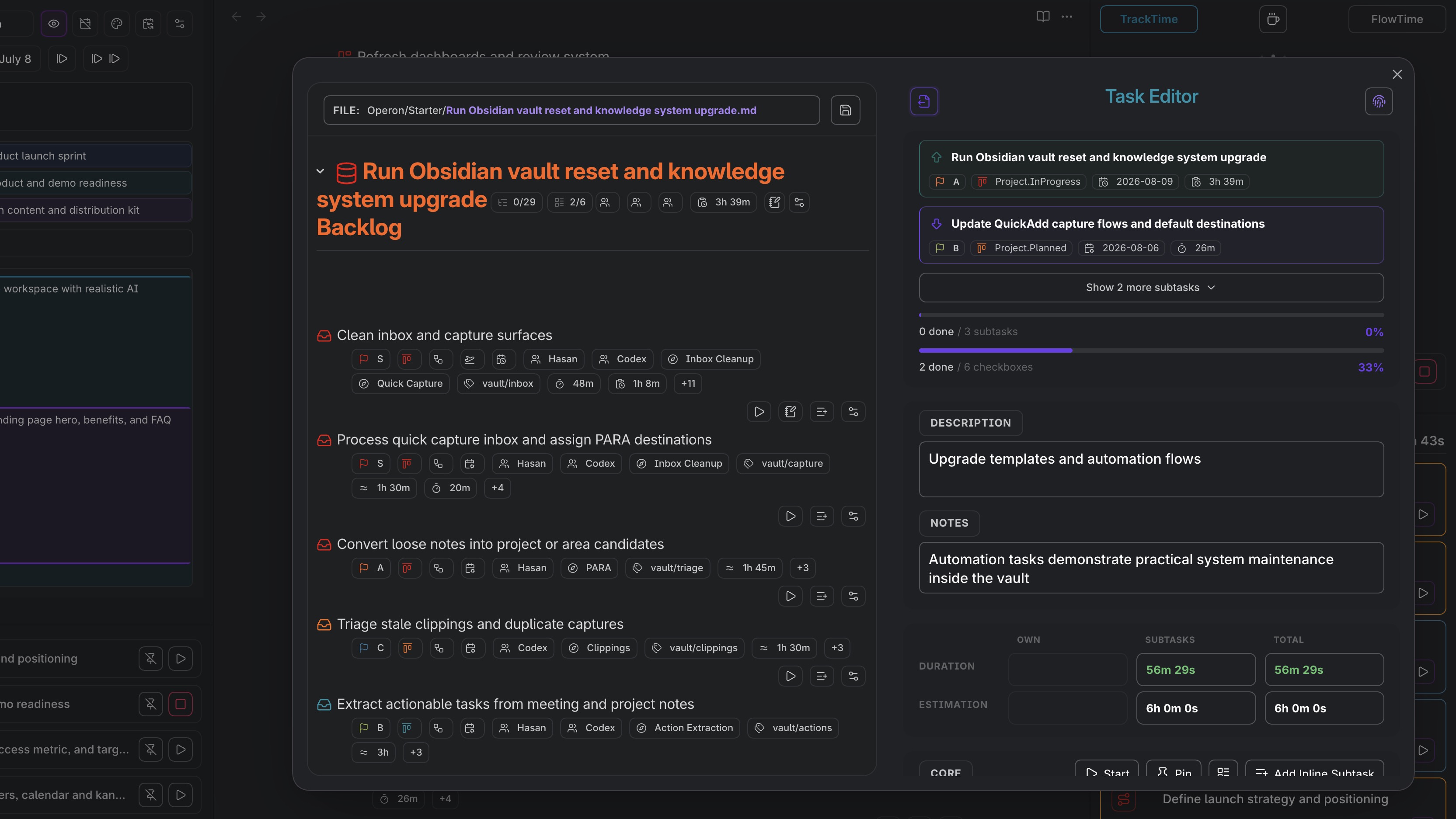 Operon Task Editor showing a file task, subtasks, notes, progress, duration, and estimates in an Obsidian workspace.