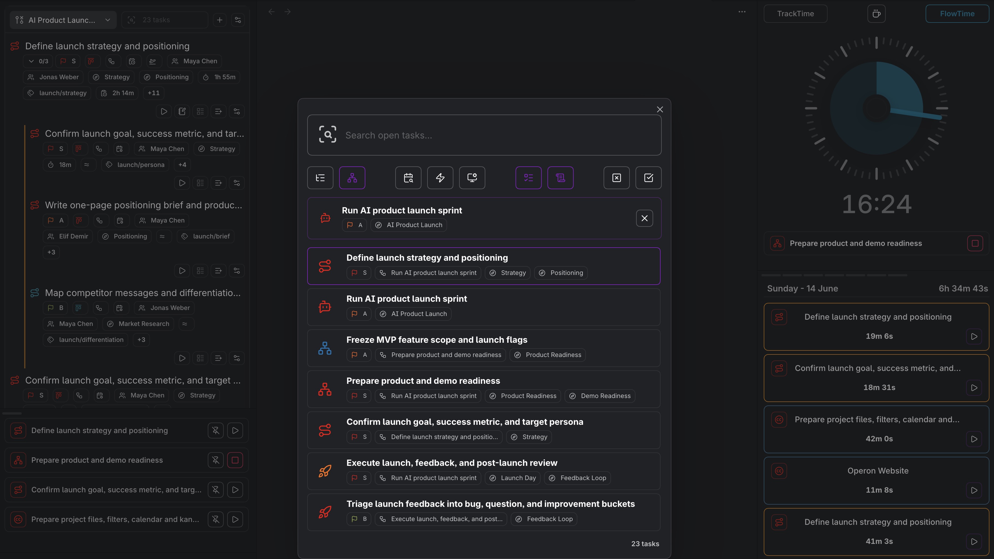 Operon Task Finder scoped search shown beside separate pinned tasks and time tracking surfaces in an Obsidian workspace.