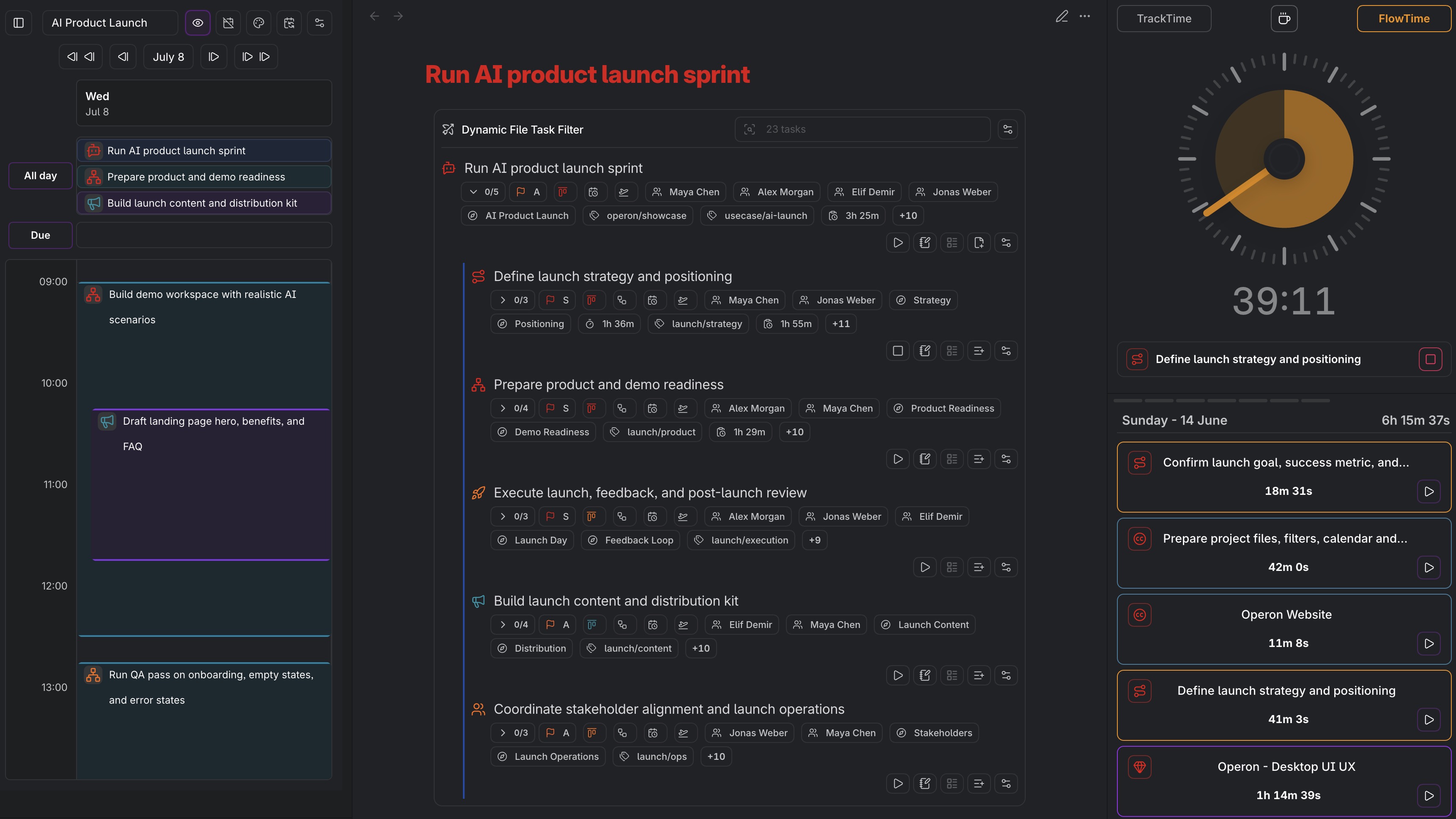 Operon TrackTime shown beside separate session history, dynamic file filter, and calendar context surfaces in an Obsidian workspace.